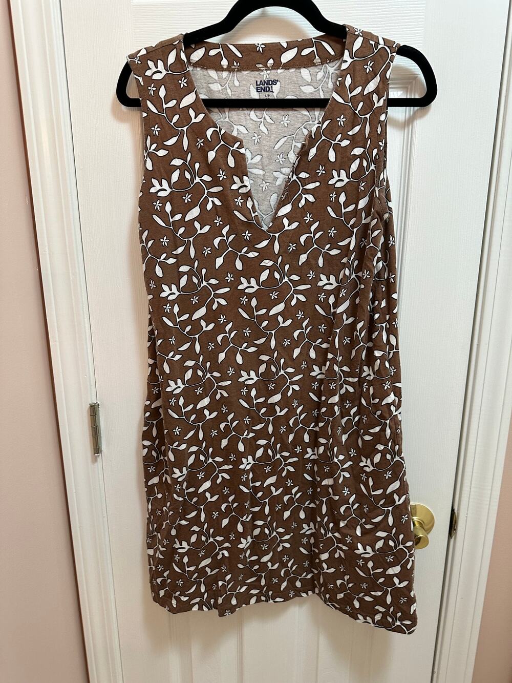 Lands' End Casual Dress Size P Large, Brown white Print